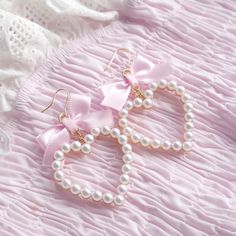 Pastel baby pink satin Bow pearl heart Earrings (Dangle / Clip On) , Romantic Angelic Jewelry Cute Earrings  ♡ heart approx 3.8cm  ♡ please message me which style you want after placing order : (Dangle / Clip On Earrings)  #earrings #pearlearrings #rainbow #cuteearrings #cutejewelry Cute Core Jewelry, Pastel Pink Accessories, Light Pink Accessories, Pink Girly Clothes, Cute Pink Jewelry, Pink Gifts Ideas, Pink Prom Accessories, Soft Pink Clothes, My Wishlist Ideas