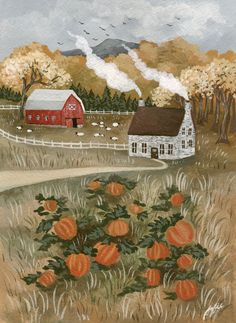 a painting of a farm with pumpkins in the foreground