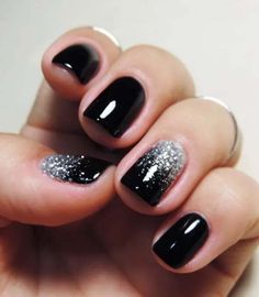 Black Party Nails Sparkle, Short Black Silver Nails, New Years Eve Nails Black And Silver, Black And Silver Dip Nails, Black Silver Nails Ideas, Black And Silver Manicure, Black And Sliver Nails For Homecoming, Black Sparkly Nail Ideas