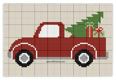 a red truck with a christmas tree on the back is depicted in this cross stitch pattern