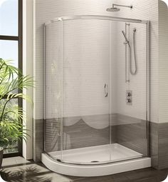 a bathroom with a corner shower stall and tiled walls, along with a potted plant on the floor