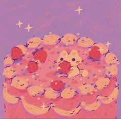 a cake with pink frosting and cats on top, surrounded by little stars in the sky