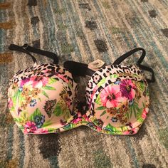 Size: 32c Bnwt Features Cute Lace Up Detailing With Mini Crystal Beads. Fun Tropical And Leopard Print. Never Worn. Victoria's Secret Pink Floral Print Bra, Pink Floral Print Beach Bra, Multicolor Beach Bra For Spring, Pink Bra For Spring Vacation, Summer Floral Print Pink Bra, Victoria's Secret Summer Floral Print Bra, Black Bra Top, Demi Bras, Victoria Secret Pink Bras