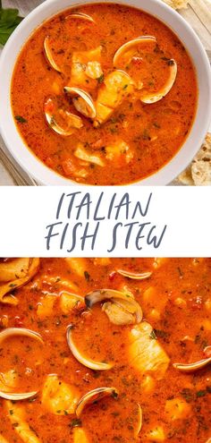 two pictures with different types of food in them and the words italian fish stew on top