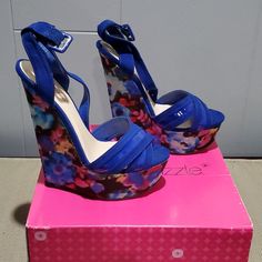 Brand New, Never Worn. Selling Bc Too High For Me. Ankle Strap Is Not Removable. Super Cute N Sexy. Wesge Platform Open Toes. Comes With Original Box And Dust Bag. Trendy Synthetic Heels With Floral Print, Blue Heels With Floral Print And Round Toe, Blue Floral Print Heels With Round Toe, Summer Blue Floral Print Heels, Chic Blue Heels With Floral Print, Blue Floral Print Open Toe Heels, Chic Blue Floral Print Heels, Purple Ankle Boots, Blue Platform Shoes