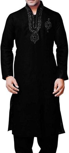 Mens silver hand embroidered work on neck and left chest full sleeves without cuff long kurta pyjama made from black color pure linen fabric. It has bottom as pyjama made from same fabric. Kurta pyjama 2 Pc (Jacket, Pyjama). Made from black color pure linen fabric. Perfect for weddings,graduation ceremoney,dating, meeting, yacht party, banquet, hosts' wearing,etc Dry Clean Only: Made in India Ceremonial Black Kurta With Dabka, Black Embroidered Sherwani Straight Kurta, Ceremonial Black Kurta With Dabka Details, Traditional Black Straight Kurta Sherwani, Black Sherwani With Chikankari Embroidery For Festivals, Black Festive Kurta For Ceremonial Occasions, Black Straight Kurta For Traditional Ceremonies, Traditional Black Kurta For Ceremonial Occasions, Black Kurta For Ceremonial And Transitional Seasons