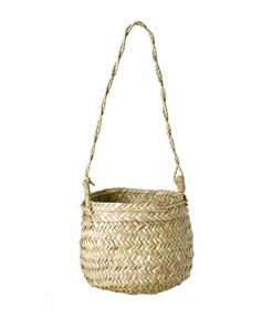 a woven basket hanging from a rope on a white background with the handle down to it's bottom