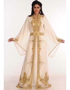 Chic Off White Georgette Hand Zari Embroidery Galabiya Moroccan, Golden, Georgette, Handmade, Off White, White, Kaftans, XS, S, M, L, XL, 2XL, 3XL, 4XL, 5XL, 6XL, 7XL:Arabic Attire Farasha Abaya, Moroccan Kaftan Dress, Kaftan Gown, Arabian Dress, Zari Embroidery, Moroccan Kaftan, Abaya Dress, Hip Dress, Kaftan Dress