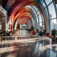 an empty lobby with chairs and tables in the center, along with large windows overlooking cityscape