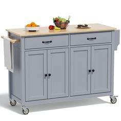 a gray kitchen island with two drawers and a cutting board on the top is shown