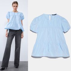 Brand New With Tag Ruffled Hem And Tie Back Fastening. Sky Blue Balloon Sleeve Top, Zara Tops, Tie Backs, Tie Back, Ruffle Hem, Sky Blue, Open Shoulder Tops, Sleeve Top, Color Blue