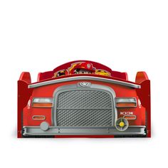 a red car bed with wheels and tires on the bottom half, in front of a white background