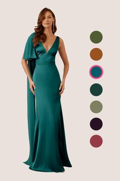 a woman in a long green dress with an open back and matching color swatches