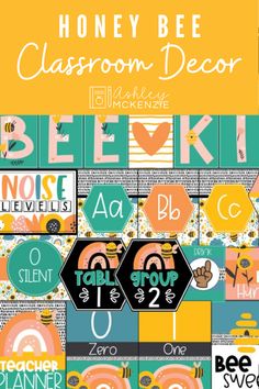 the honey bee classroom decor is featured in this graphic art printable pattern, which includes colorful