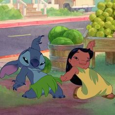 the pooh and stitch characters are sitting in front of some fruit on the ground