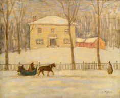 a painting of two people riding in a horse drawn carriage on a snowy day near a yellow house