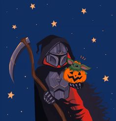 a star wars character holding a pumpkin in his hand