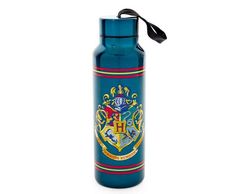 a blue water bottle with hogwarts crest on it