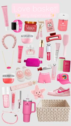 a bunch of pink items are arranged in the shape of a collage on a white background