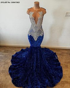 EVLAST Glitter Royal Blue Sequins Mermaid Long Prom Dress For Black Girls Silver Diamond Beaded Gala Gown, Royal Blue Prom Dresses, Long Prom Dress, Silver Diamonds, Prom Dress, Royal Blue, Mermaid, Prom Dresses, Prom