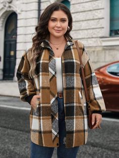 1pc Women Plus Size Plaid Long Sleeve Single Breasted Loose Casual Jacket, Autumn Multicolor Casual  Long Sleeve Woven Fabric Plaid Shacket Slight Stretch  Women Plus Clothing, size features are:Bust: ,Length: ,Sleeve Length: Drop Shoulder Coat, Tweed Overcoat, Plus Size Patterns, Sleeveless Coat, Plus Size Fall, Plus Size Coats, Long Sleeves Coats, Plus Size Kleidung, Inspiration Mode