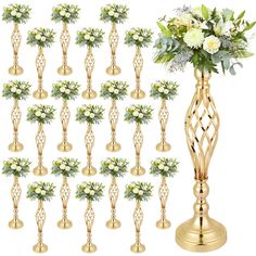 a gold vase filled with lots of white flowers next to a bunch of green and white flowers