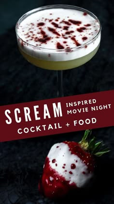 scream inspired movie night | Scream cocktail and food recipes | peanut butter whiskey sour recipe and white chocolate dipped strawberries Horror Movie Themed Food Ideas, Slasher Themed Cocktails, Scream Dinner And Movie, Horror Alcohol Drinks, Horror Movie And Dinner, Slasher Party Food, Scary Movie Themed Drinks, Scream Themed Drink, Horror Movie Snack Ideas