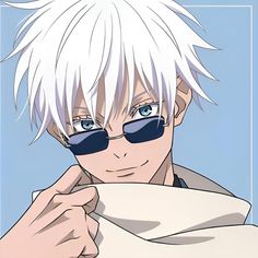 an anime character with white hair and sunglasses on his face, looking at the camera