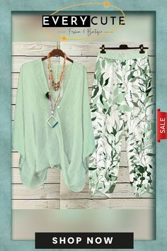 Chic Plant Print V-neck Two Piece Set Green V-neck Beach Sets, Casual V-neck Summer Set, Bohemian V-neck Sets For Spring, Casual V-neck Sets For Spring, Green V-neck Spring Sets, Spring Green V-neck Sets, Green V-neck Loungewear Set, Bohemian V-neck Spring Sets, Wardrobe Upgrade