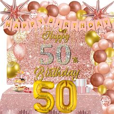 a pink and gold 50th birthday card with balloons