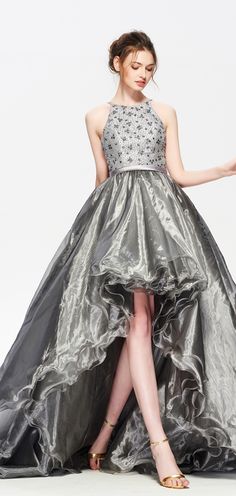 Silver High Low Dress, Prom Season Organza Ball Gown With Sweep Train, Organza Ball Gown With Sweep Train For Prom, Gray Prom Dress With Fitted Bodice, Prom Gown With Detachable Train For Prom Season, Organza Evening Dress With Detachable Train For Prom, Prom Gown With Detachable Train, Silver Backless Evening Dress For Prom, Organza Evening Dress For Debutante Ball And Prom Season