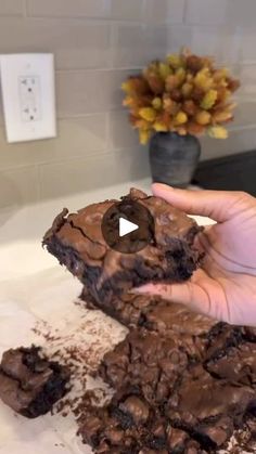 a person holding a piece of brownie on top of a white counter next to a potted plant