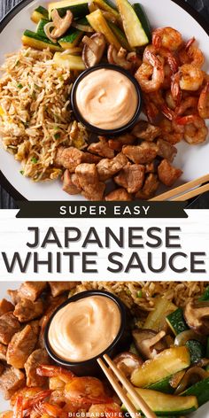 two plates with different types of food on them and the words super easy japanese white sauce