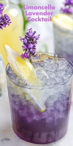 two glasses filled with lavender lemonade cocktail