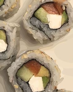 several sushi rolls with different toppings on them