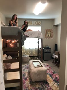 High Dorm Room Bed, Under Bunk Bed Ideas Dorm Room, Dorm Room Ideas High Bed, Dorm Room Layouts Double Lofted, Top Bunk Dorm Ideas, Bunked Bed Dorm Room Ideas, Three Person Dorm Room Layout, Fully Lofted Dorm Bed, High Lofted Dorm Beds