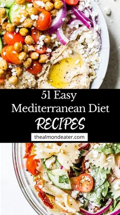 a plate with different types of food on it and the words 31 easy mediterranean diet recipes