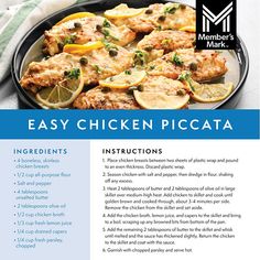 the recipe for easy chicken piccata is shown on a plate with lemons and herbs