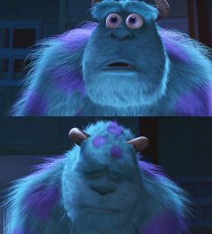 two pictures of monsters with purple hair and horns, one is looking at the camera