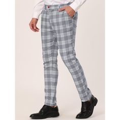 The pants are designed with a skinny fit and a plaid pattern that tapers down to the ankle to accentuate your figure. The material is soft, comfortable to wear, and can be worn all year round. The trousers can be matched with shirts, jackets, or coats to create a casual business style. Suitable for work, school, dance parties, and, daily casual wear. It can also be given as a gift to a father, husband, and friends. Plaid Dress Pants, Dance Parties, Party Models, School Dance, Business Style, A Father, Men's Wardrobe, Model Body, Plaid Dress