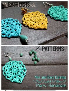 crocheted earrings with beads on them and the words, free and easy earring pattern