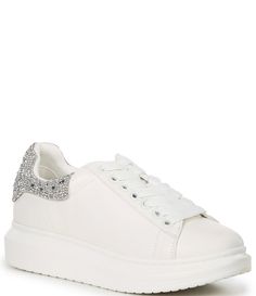 From Steve Madden&#x2C; the Glacer-R Rhinestone Detail Sneakers feature:Synthetic and textile upperRhinestone embellished heel detailingLace up clsoureSynthetic liningSynthetic outsoleApprox. 1.5" platform heightImported. White Synthetic Sneakers With Bling, Bedazzled Low-top Synthetic Sneakers, Bedazzled Synthetic Low-top Sneakers, Bedazzled Synthetic Sneakers With Round Toe, Prom Sneakers, Rhinestone Sneakers, Bridal Sneakers, Heel Sneakers, Steve Madden Sneakers