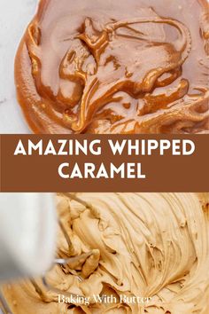 an image of amazing whipped caramel cake with chocolate frosting on top and the title overlay reads amazing whipped caramel cake