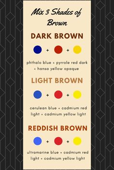 How to mix three shades of brown How To Make Brown With Paint, How To Make Brown Paint Acrylic, How To Mix Brown Acrylic Paint, How To Paint Brown Skin, How To Get Brown Color Paint, Beige Color Mixing Chart, How To Make Dark Brown Paint, How To Make Dark Pink Colour, How To Make Beige Color Acrylic Paint