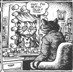 a black and white drawing of a cat looking at itself in the mirror