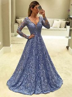 Blue V-neck Prom Gown, Blue V-neck Evening Dress With Sweep Train, Blue Long Sleeve Dress For Prom Season, Blue V-neck Gown For Prom Season, Blue V-neck Evening Dress For Prom Season, Blue V-neck Evening Dress For Prom, Blue Long Sleeve Gown For Prom, Light Blue V-neck Party Evening Dress, Royal Blue Long Sleeve Prom Dress