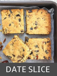 some food is sitting in a pan on a table with the words date slice above it