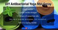 yoga mats stacked on top of each other with the words diy antibacterial yoga mat spray