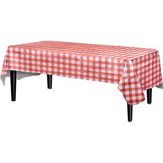 a red and white checkered table cloth with black legs