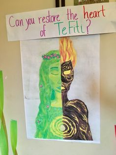 a sign that reads can you restore the heart of tefi? and an image of a woman's head on fire